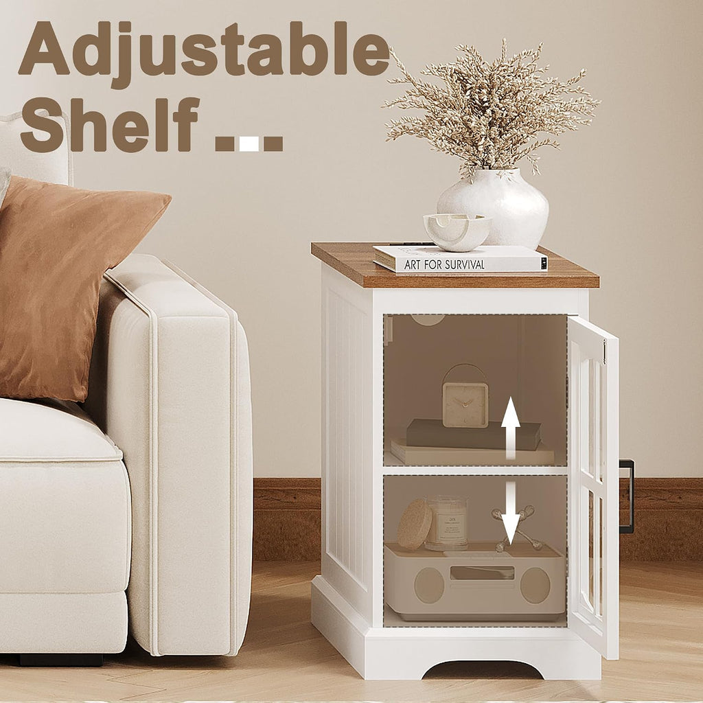 ChooChoo Farmhouse End Table Set of 2 with Charging Station, Nightstand with Adjustable Shelf and Glass Door, White Side Table for Living Room, Bedroom