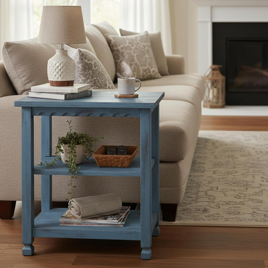 Alaterre Furniture Country Cottage Rustic Farmhouse Nightstand – 3-Tier Narrow End Table with Weathered Faded Finish, Carved Edges, & Turned Legs (Distressed Antique Blue)