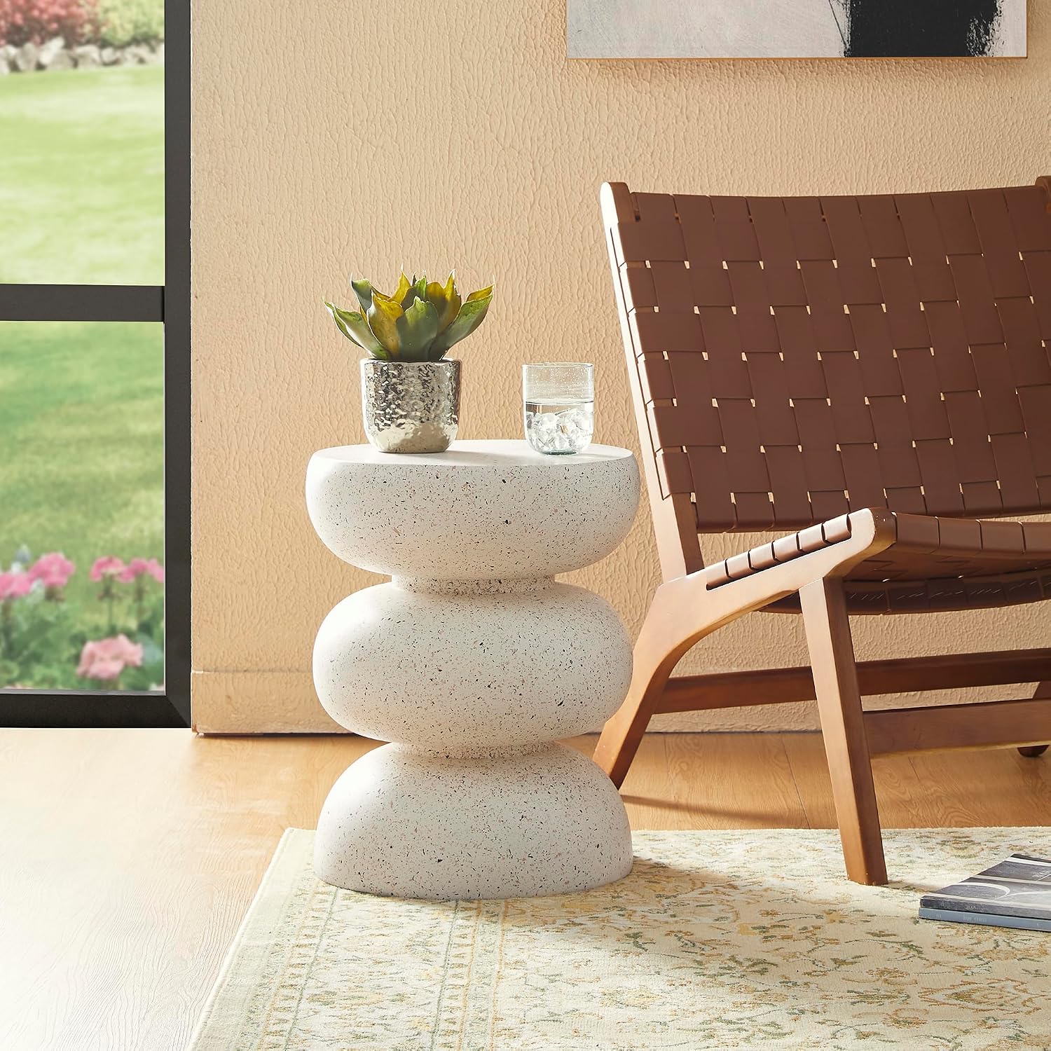 Glitzhome Outdoor Side Table Set of 2, 18' H Decorative Garden Stool MgO Faux Terrazzo End Table, Heavy Duty Indoor Outdoor Round Planter Stand for Living Room Bedroom Patio Deck Poolside,White