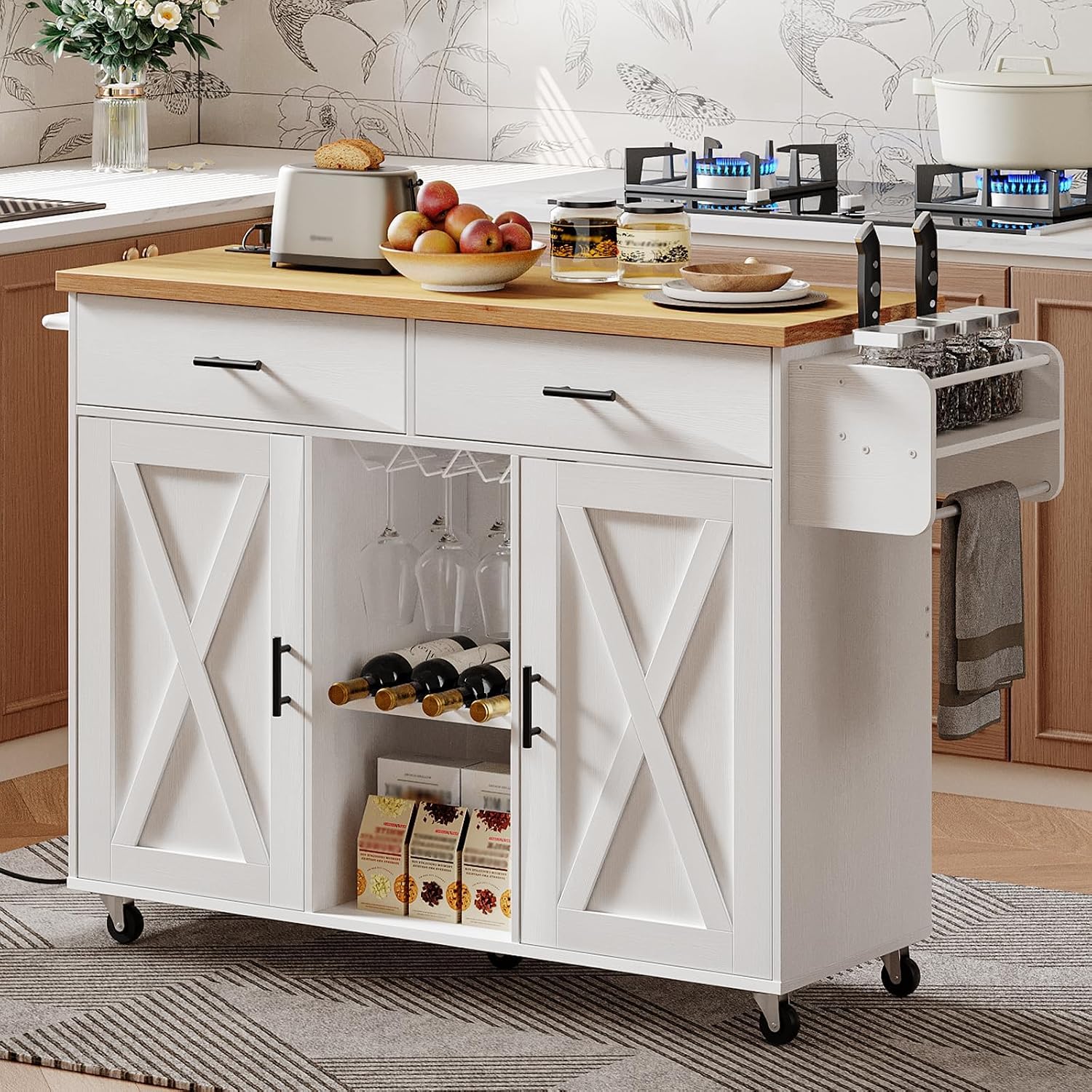 HOOBRO Kitchen Island with Power Outlet, Rolling Kitchen Island on Wheels, Island Table with Storage Cabinet, 2 Drawers, Spice Rack and Towel Rack, White and Natural WN14UZD01