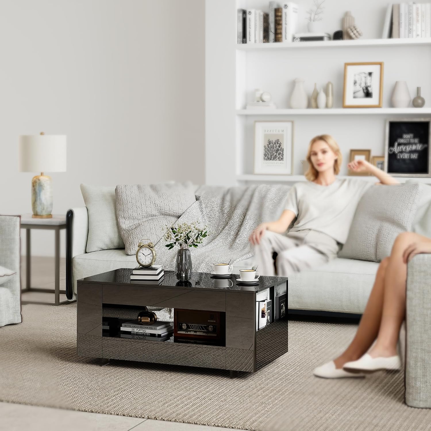 Glossy Coffee Table with Open Shelf Storage - High Gloss Modern Cocktail Table for Living Room, Bedroom, Office