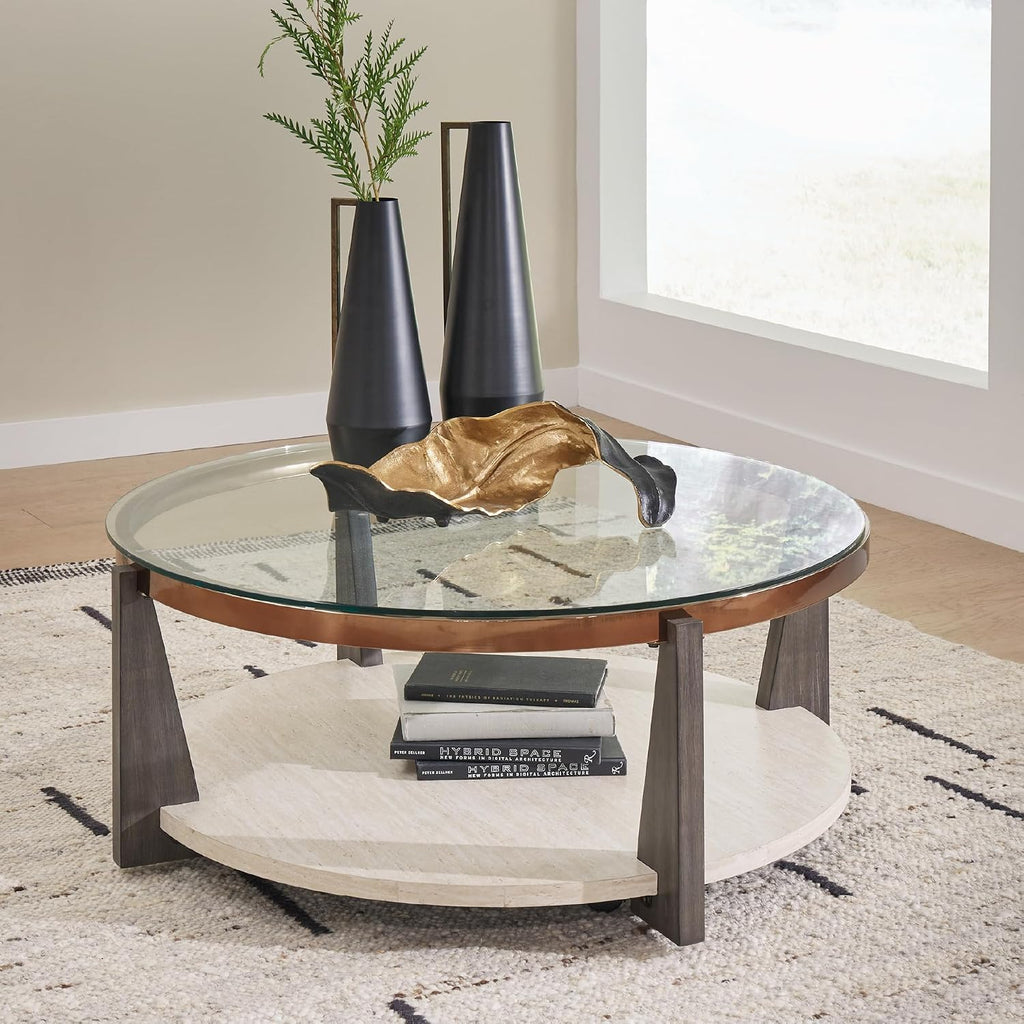 Signature Design by Ashley Frazwa Round Glasstop Coffee Table, Gray/Brown/Gold