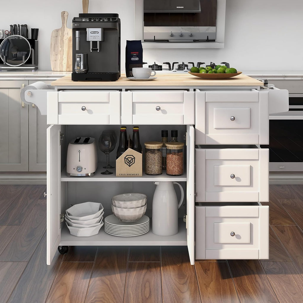 HOMREST 52' Mobil Kitchen Island Cart with Storage, Rolling Island with Drop Leaf and Rubberwood Countertop, Spice Rack, Adjustable Shelves and 5 Drawers, Island Table for Kitchen, White