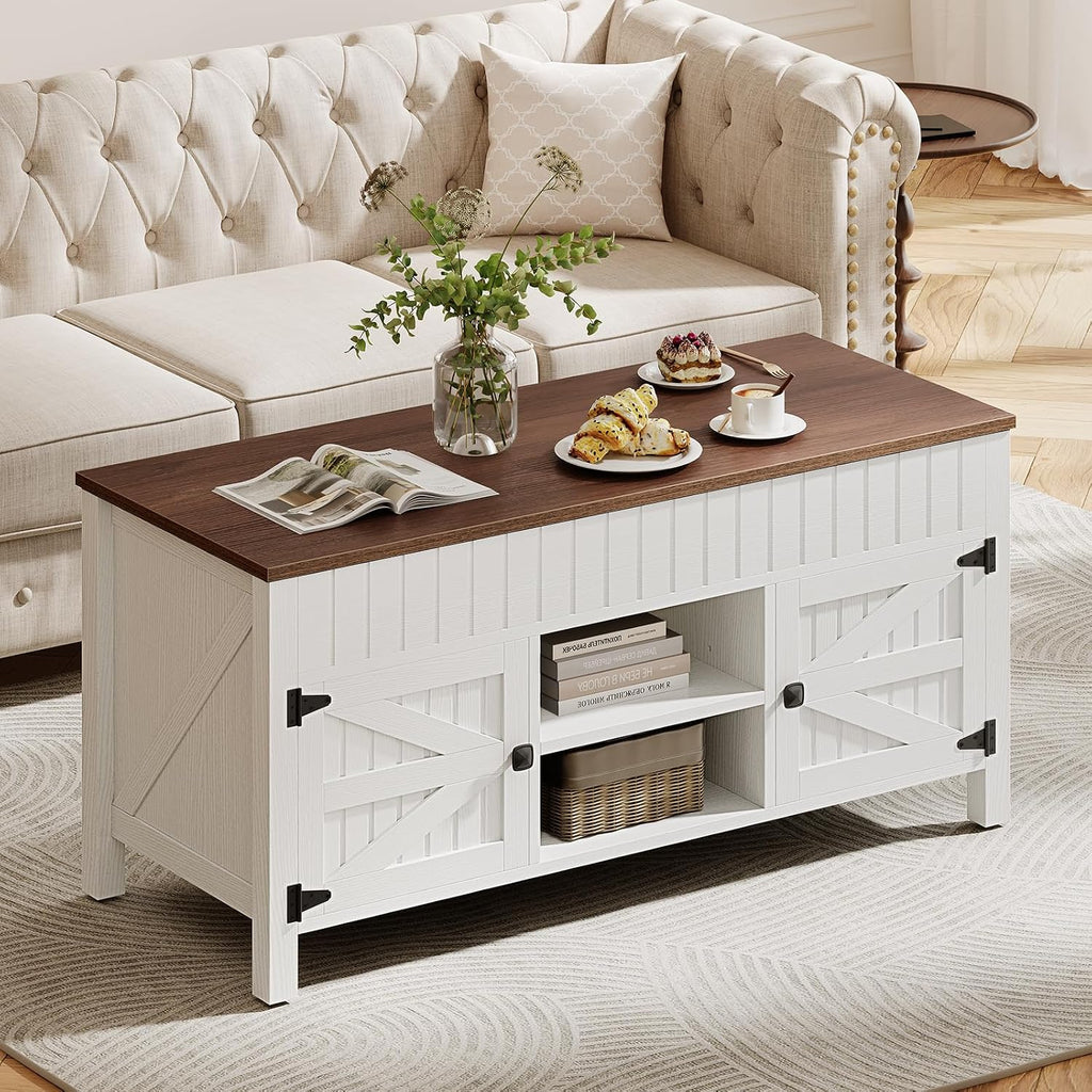 47.3' Lift Top Coffee Table with Storage - White Coffee Tables for Living Room, Farmhouse Wood Center Table, Large Rectangle Middle Tables with Hidden Compartment & Adjustable Shelf