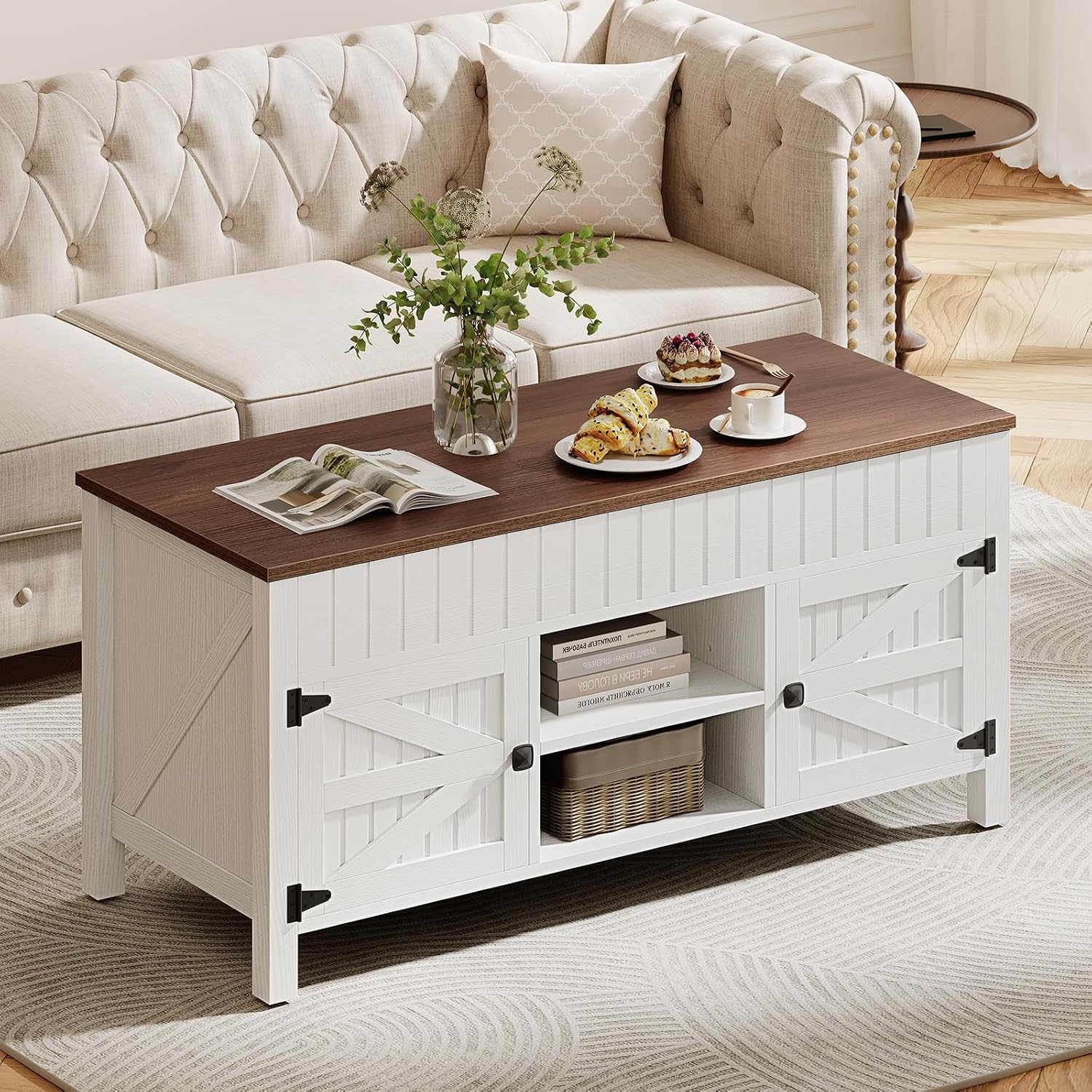 47.3' Lift Top Coffee Table with Storage - White Coffee Tables for Living Room, Farmhouse Wood Center Table, Large Rectangle Middle Tables with Hidden Compartment & Adjustable Shelf