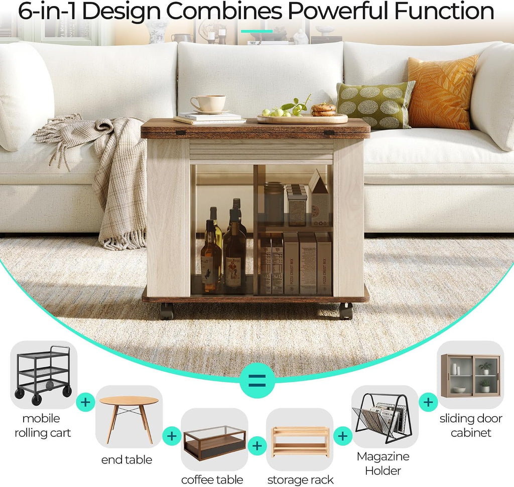 LINSY Folding Top End Table, Rolling Side Table with Universal Wheels, Modern Farmhouse Coffee Table with Sliding Glass Doors and Storage Shelf, Wood Narrow Nightstand for Living Room and Small Space