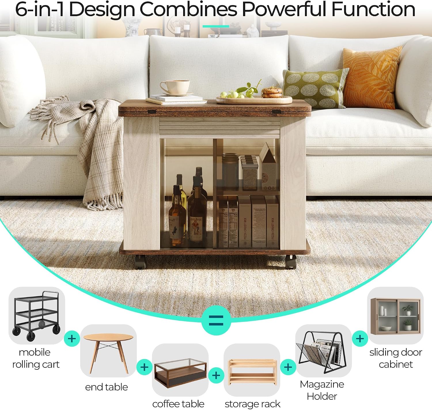 LINSY Folding Top End Table, Rolling Side Table with Universal Wheels, Modern Farmhouse Coffee Table with Sliding Glass Doors and Storage Shelf, Wood Narrow Nightstand for Living Room and Small Space