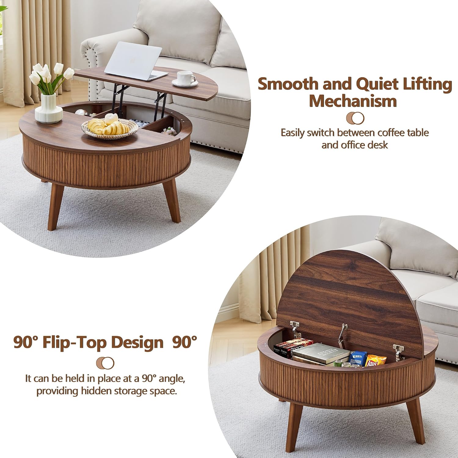 Round Lift Top Coffee Table with Storage, 35.4'' Fluted Wood Center Table Mid Century Modern Coffee Table with Lifting Top for Living Room, Office, Small Space (Walnut)