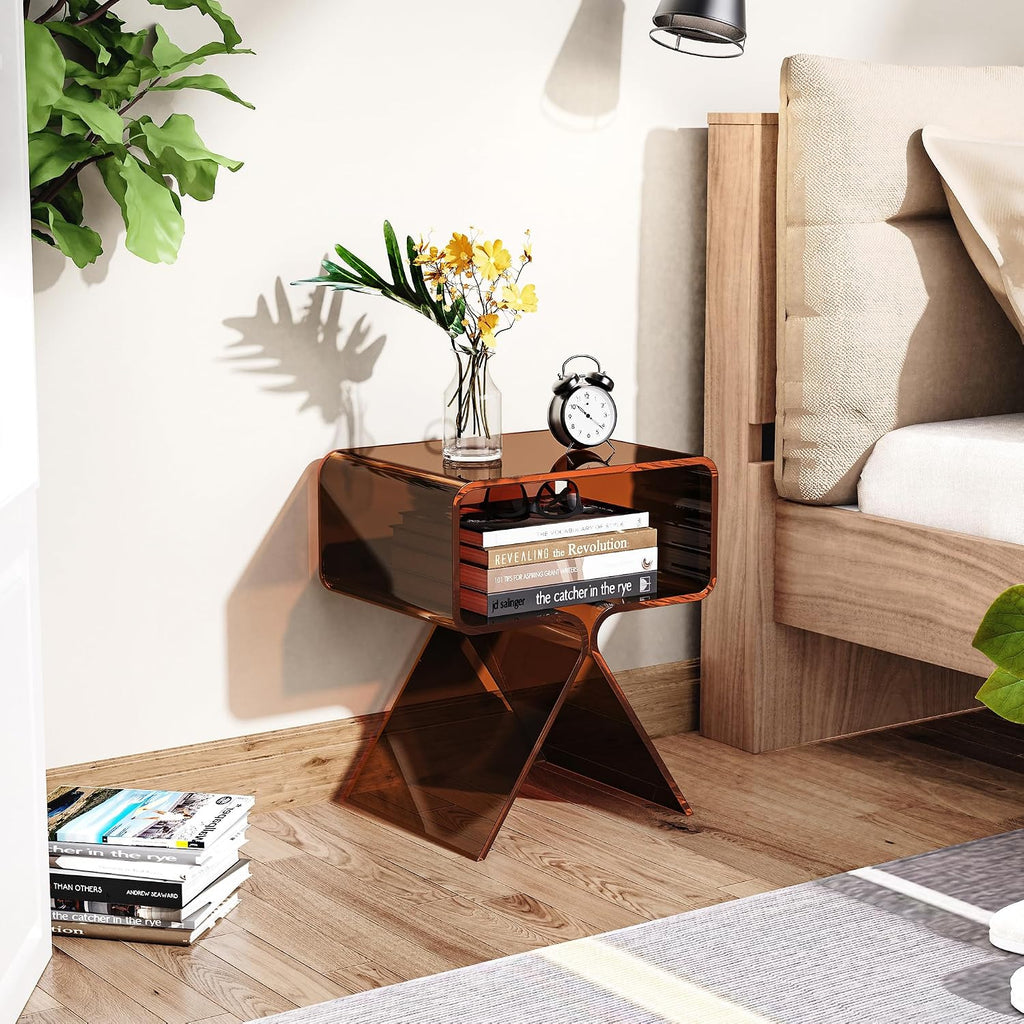 Acrylic Nightstand Side Table Modern Design Clear Home Decor Display End Table for Living Room (Dark Brown)