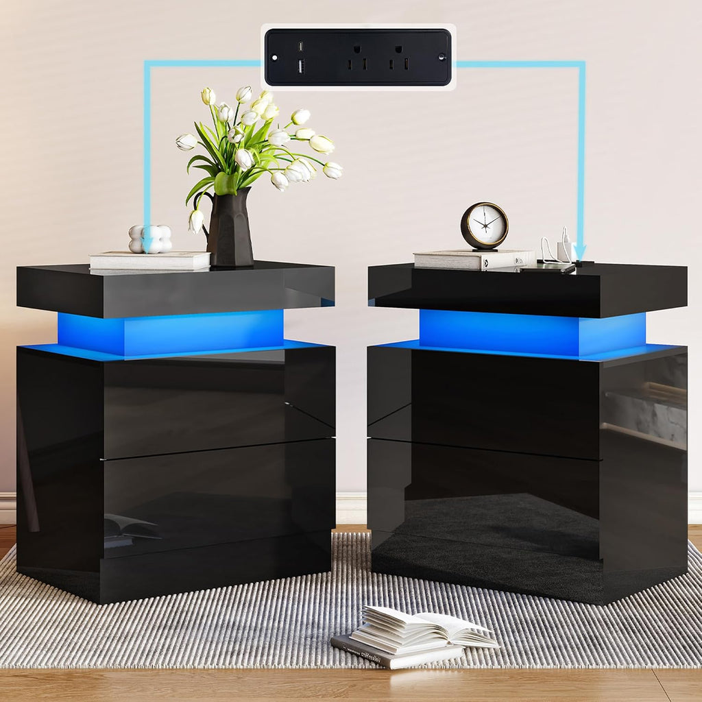 AMERLIFE High Gloss LED Nightstand Set of 2 with Charging Station, Modern Bedside Table Night Stand with LED Lights, Sofa End Side Tables with Drawers for Bedroom Living Room, Black