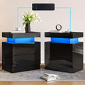 AMERLIFE High Gloss LED Nightstand Set of 2 with Charging Station, Modern Bedside Table Night Stand with LED Lights, Sofa End Side Tables with Drawers for Bedroom Living Room, Black