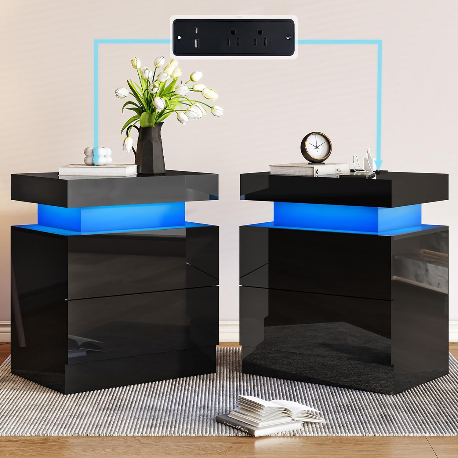 AMERLIFE High Gloss LED Nightstand Set of 2 with Charging Station, Modern Bedside Table Night Stand with LED Lights, Sofa End Side Tables with Drawers for Bedroom Living Room, Black