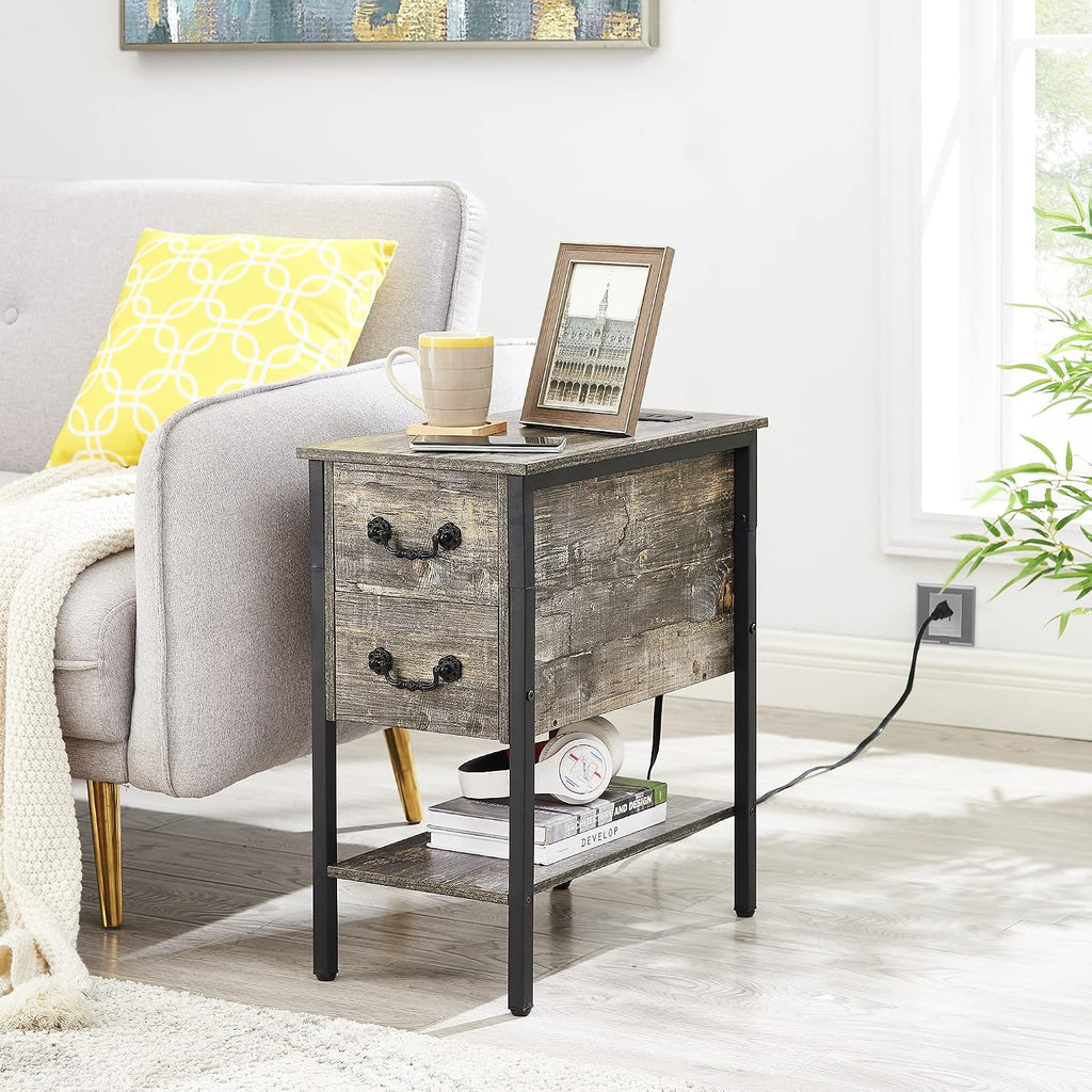 VECELO End Tables,Narrow Nightstands with Charging Station & USB Ports &Drawers,Night Stand for Living Room, Bedroom,Misty Gray