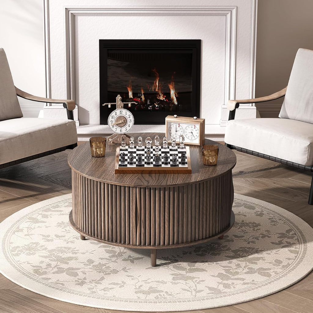 Round Coffee Table with Storage, 31.5' Mid Century Modern Coffee Table with Sliding Door & Solid Wood Legs, Minimalist Fluted Center Table for Living Room, Home Small Space, Walnut