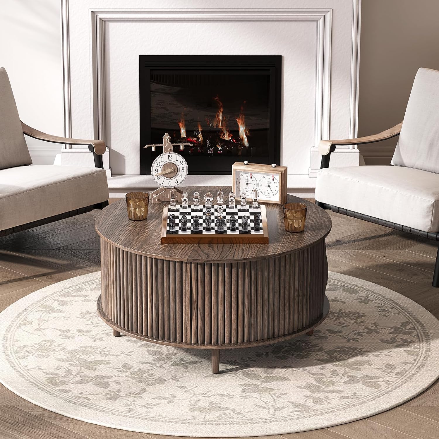 Round Coffee Table with Storage, 31.5' Mid Century Modern Coffee Table with Sliding Door & Solid Wood Legs, Minimalist Fluted Center Table for Living Room, Home Small Space, Walnut