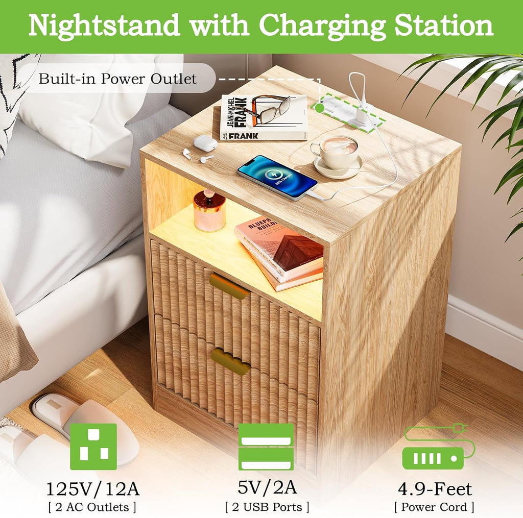 Night Stand Set 2, LED Nightstand with Charging Station, Fluted Nightstands Set of 2 with 2 Drawers, Wood Side Table Living Room, End & Bedside Tables for Bedroom Sofa Office, Natural Oak