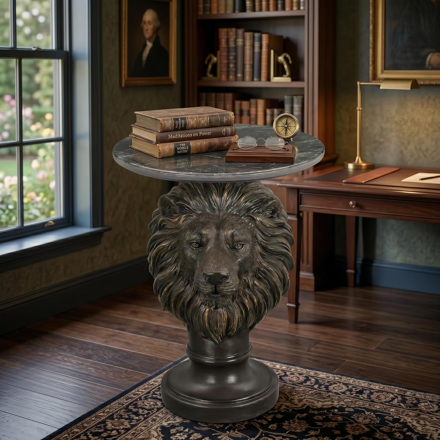 Vintage Bronze Lion Head Sculptural Side Table with Black Faux Marble Top, 19.69' Round Resin End Table, 25.59' H Majestic Accent Table for Living Room, Retro Office Decor, Heavy Duty