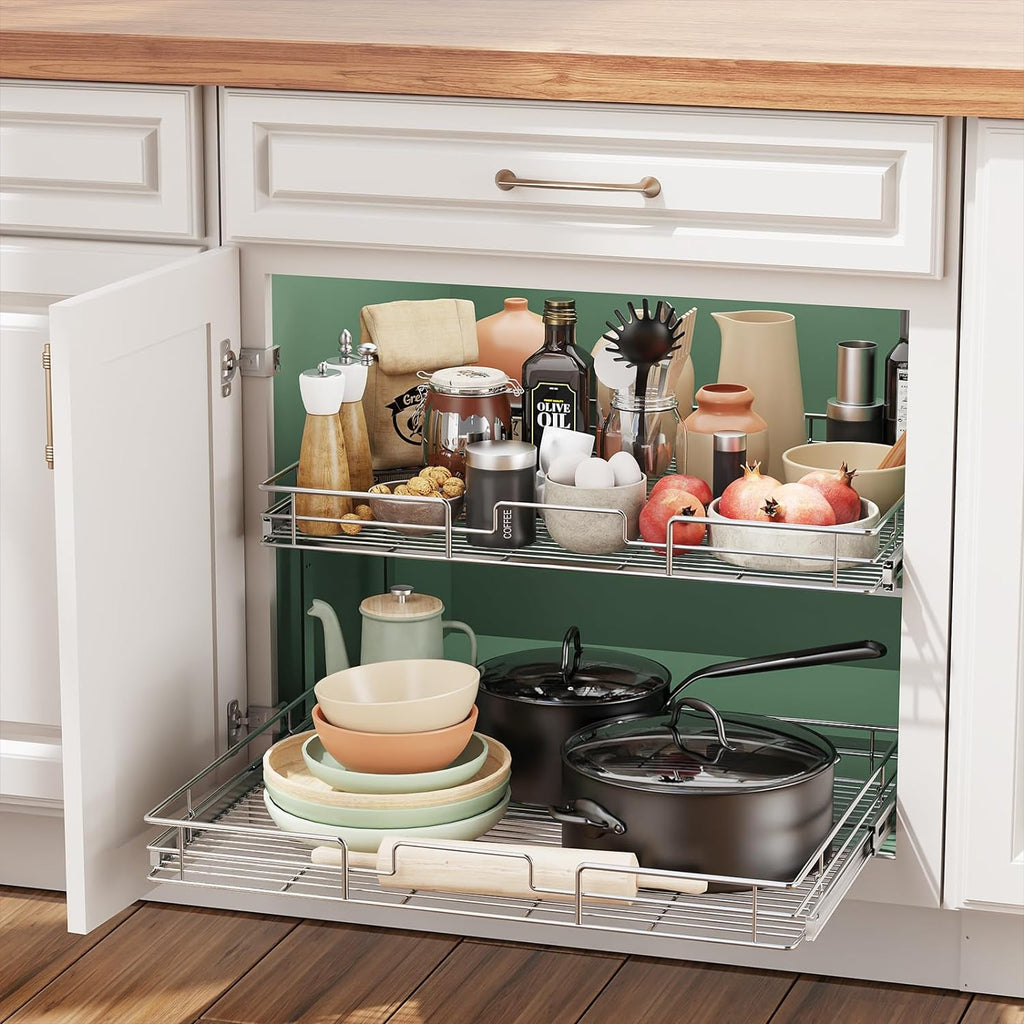 LOVMOR 2 Tier Individual Pull Out Cabinet Organizer 27' W x 21½' D, Slide Out Kitchen Cabinet Storage Sliding Shelves