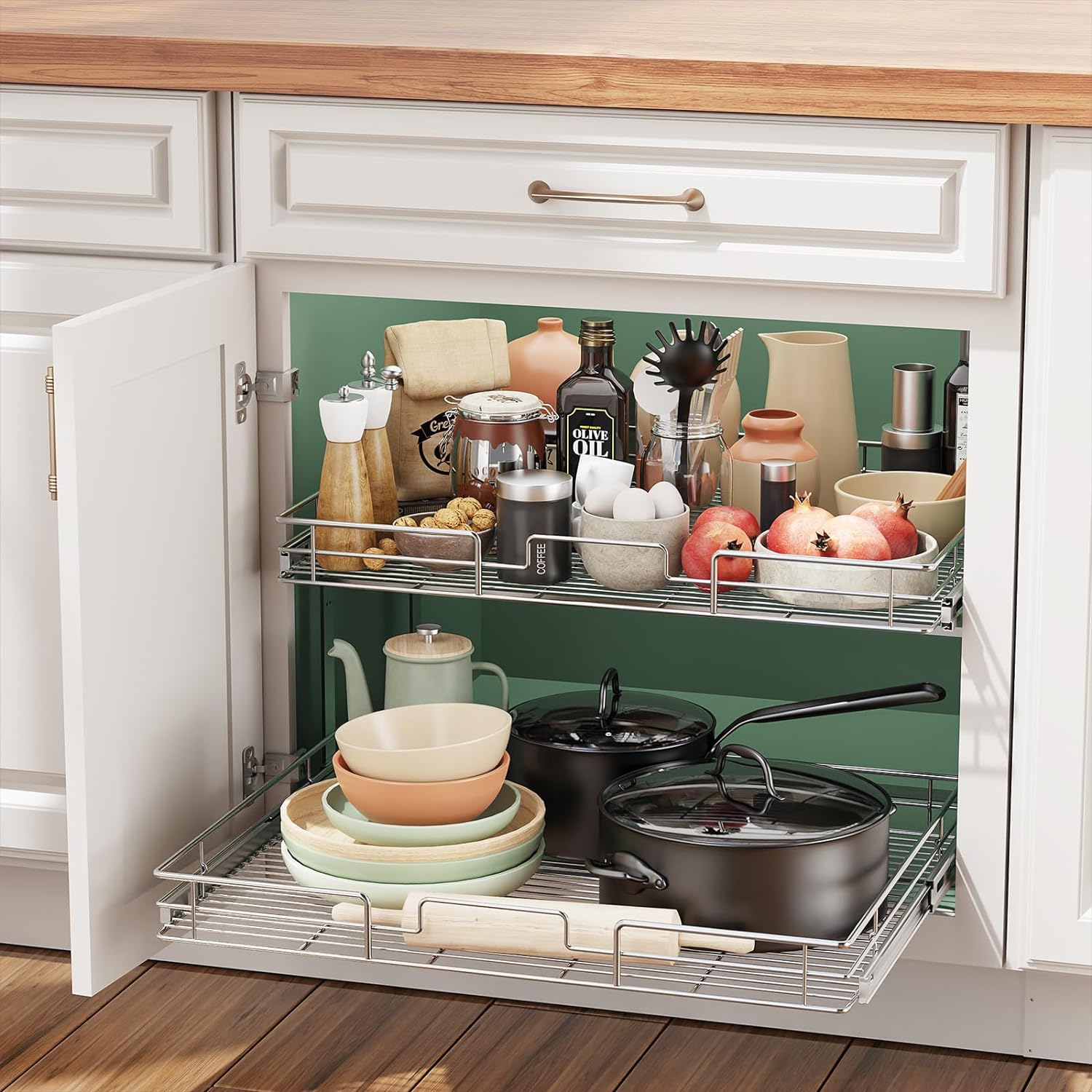 LOVMOR 2 Tier Individual Pull Out Cabinet Organizer 27' W x 21½' D, Slide Out Kitchen Cabinet Storage Sliding Shelves