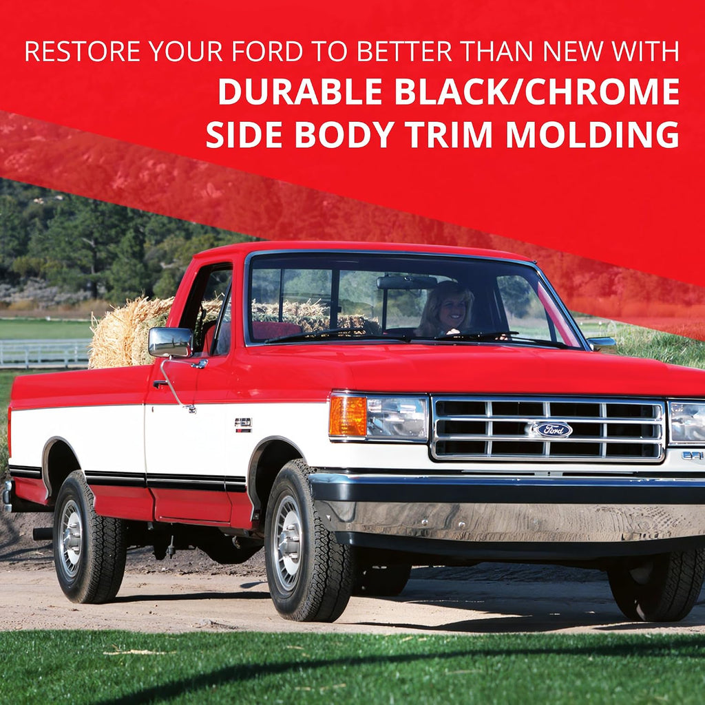 All-Fit Automotive Replacement Old Style Body Side Molding (3') – OEM Grade Black/Chrome Trim for 1987-1991 Brick Nose Ford F150, F250, F350 & Bronco – Easy to Install Truck Accessories (26 Ft)