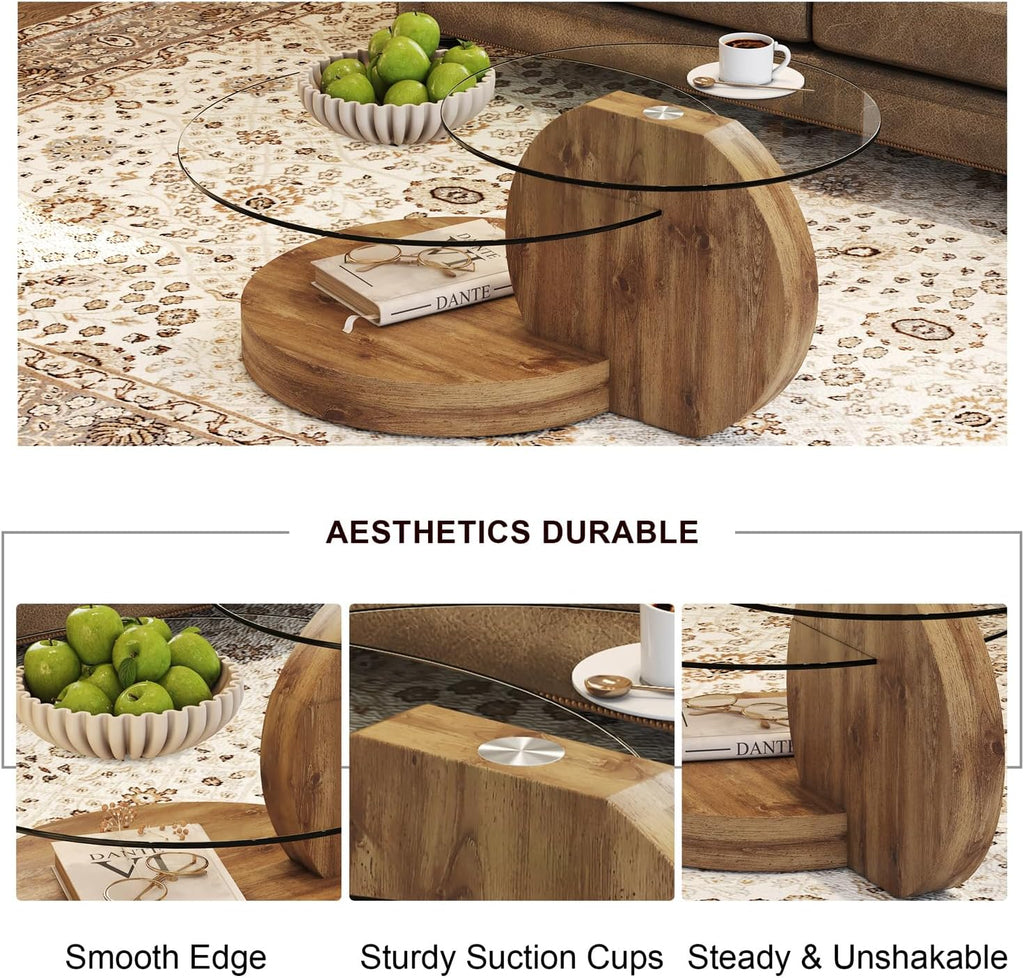 42 Inches Glass Coffee Table, Modern Round Tempered Glass Coffee Tables for Living Room, 3-Tier Circle Wood Coffee Table with Storage Clear Cocktail Table for Small Space Home Office (Wood)