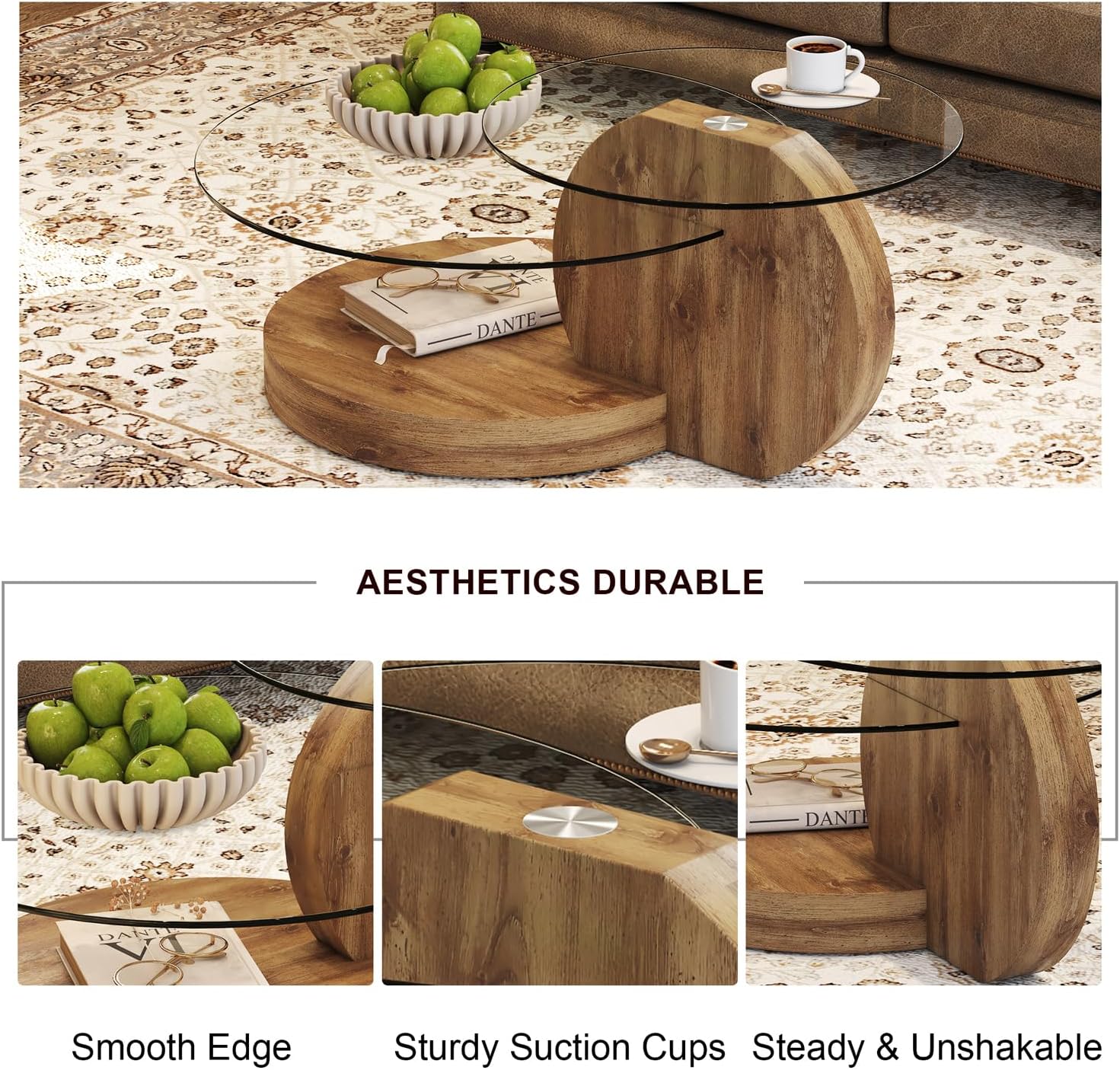 42 Inches Glass Coffee Table, Modern Round Tempered Glass Coffee Tables for Living Room, 3-Tier Circle Wood Coffee Table with Storage Clear Cocktail Table for Small Space Home Office (Wood)
