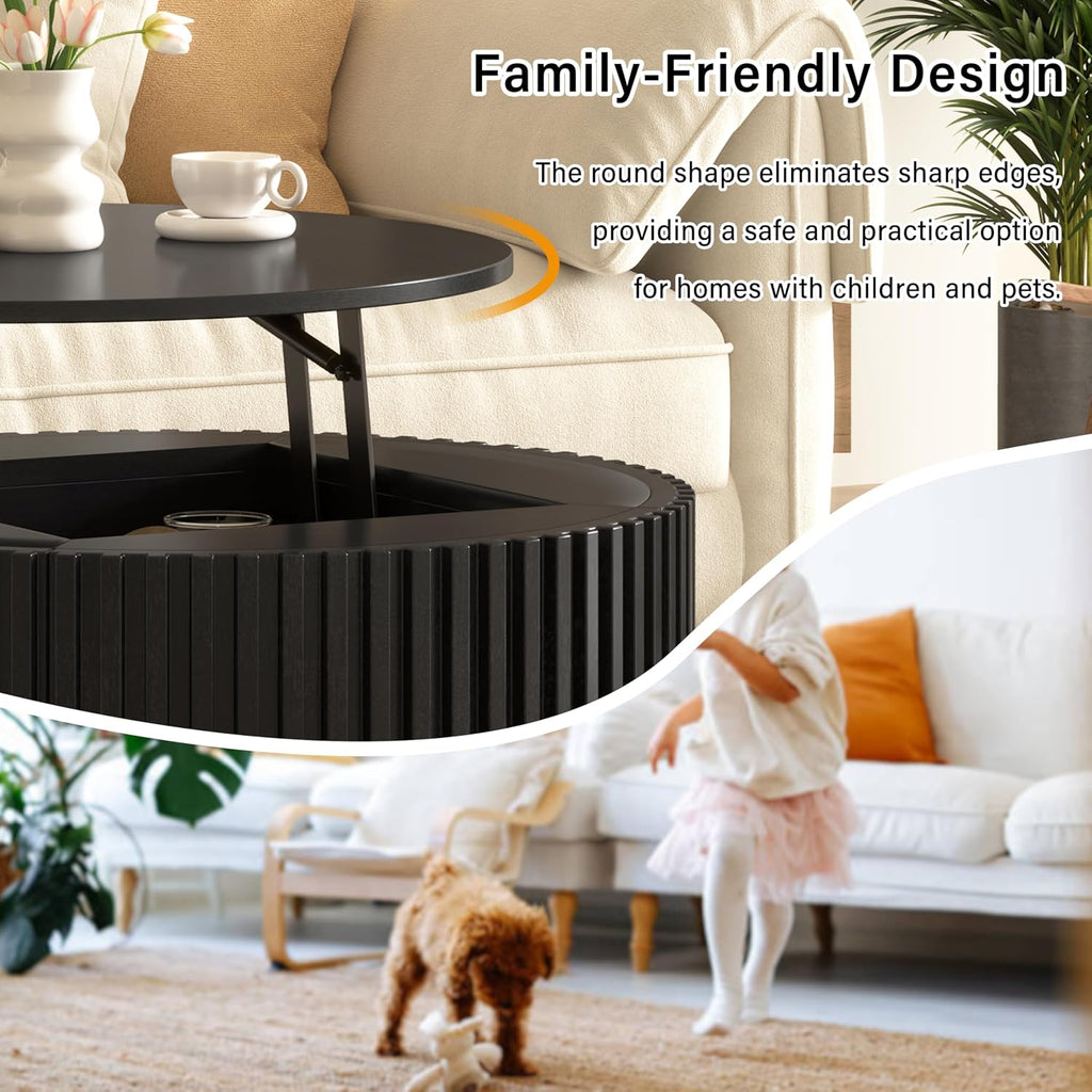 Round Lift Top Coffee Table, 29.8' Modern Fluted Wood Circle Table with Hidden Storage Drawer, Black Solid Wood & MDF Cylinder Side Table for Living Room Bedroom Small Space
