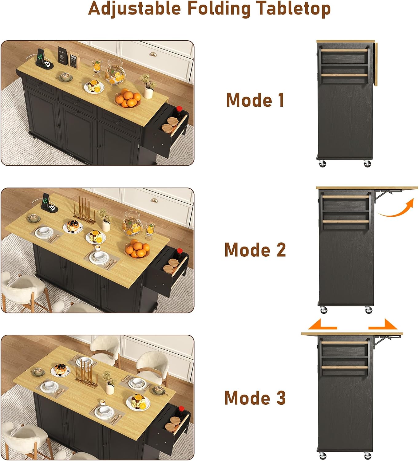 St.Mandyu 63 inch Rolling Kitchen Island with Power Outlet, Drop Leaf & Storage Cabinet - Mobile Cart with Hidden Trash Cabinet, Spice Rack, Shelves, and Towel Holder for Small Spaces,Black
