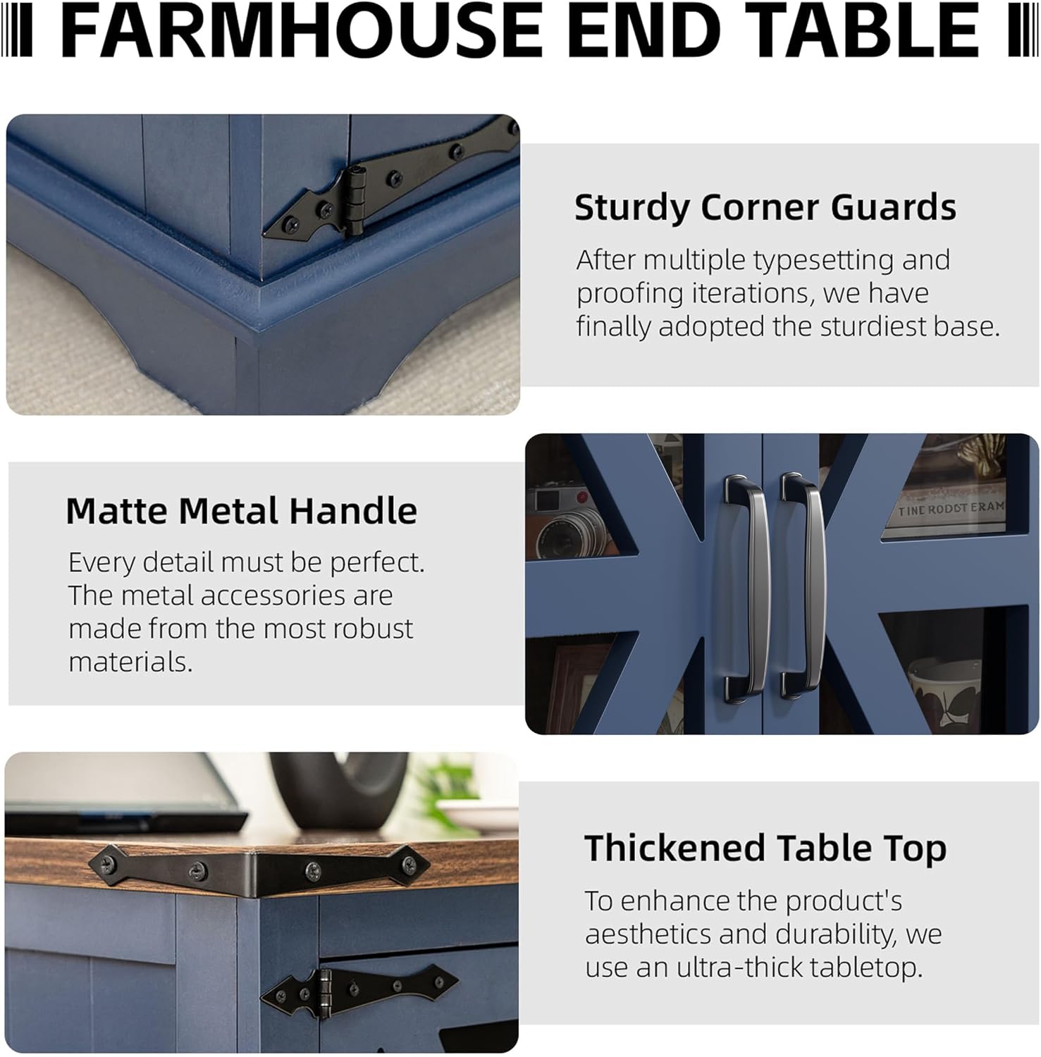 Farmhouse End Table, 24' Large End Tables with Storage, Rustic Square Sofa Beside Table with Glass Barn Door, Wood Side Table Square Nightstand for Living Room, Bedroom, Office (Misty Blue)