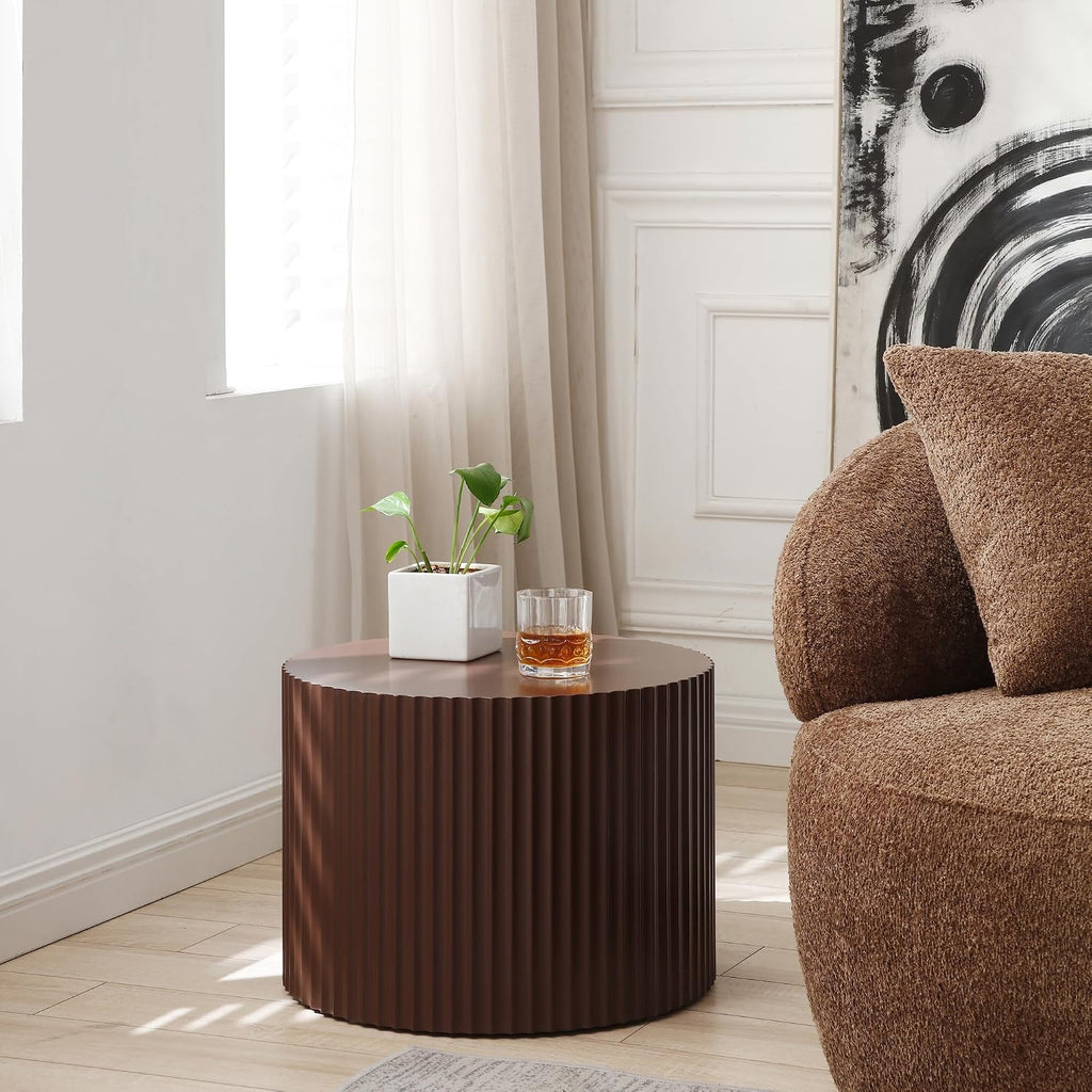 Nesting Coffee Table Set of 2, 23.6 inch Round Coffee Tables, MDF Nesting Tables with Roman Column Design, Modern Handcrafted Wooden Drum Accent Tables for Living Room - Dark Brown