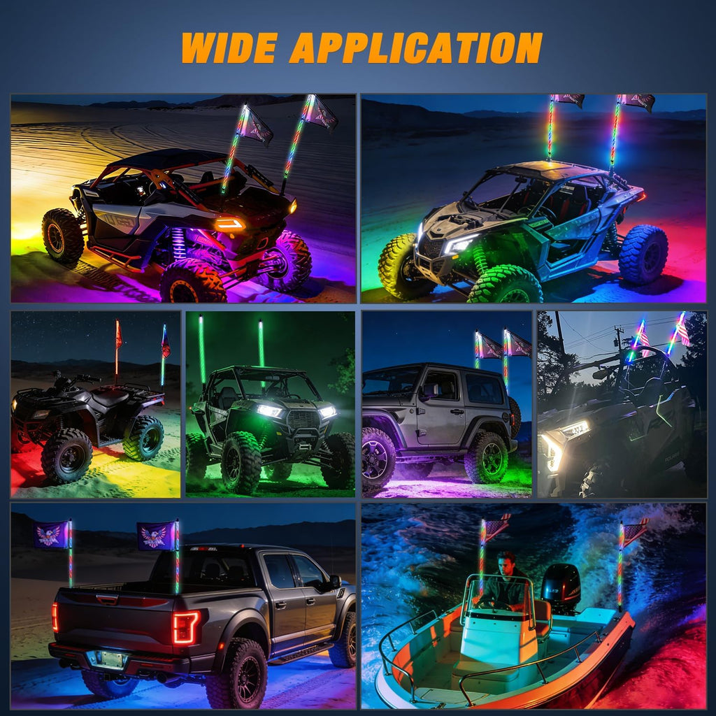 Nilight 2PCS 3FT RGB LED Whip Light with Spring Base and 6 PCS Rock Lights Combo, Remote App Control w/DIY Chasing Patterns Turn Signal Brake Reverse Antenna Lighted Whips for ATV UTV Polaris RZR Jeep