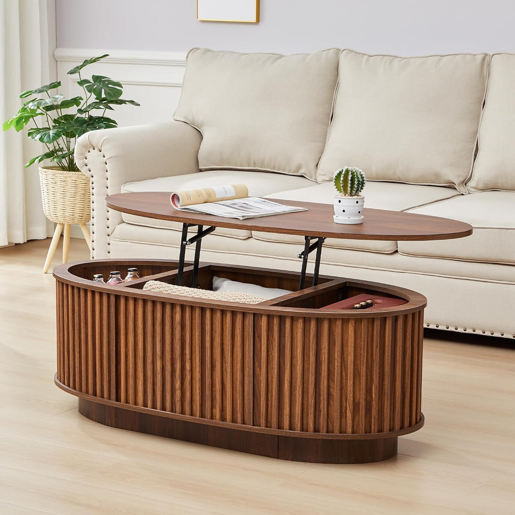 Oval Coffee Table, 43.3'' Fluted Lift Top Coffee Table with Hidden Storage Compartment, Mid Century Modern Dining Table Wooden Center Table for Living Room, Office, Small Spaces (Walnut)