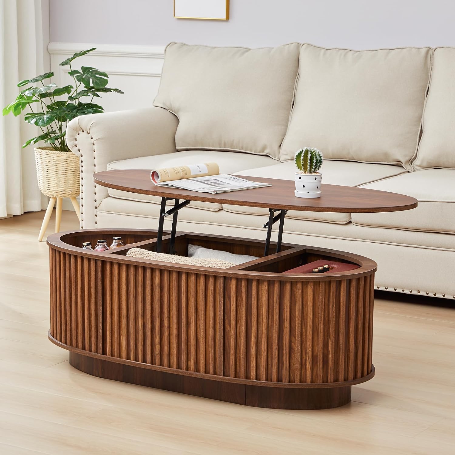 Oval Coffee Table, 43.3'' Fluted Lift Top Coffee Table with Hidden Storage Compartment, Mid Century Modern Dining Table Wooden Center Table for Living Room, Office, Small Spaces (Walnut)