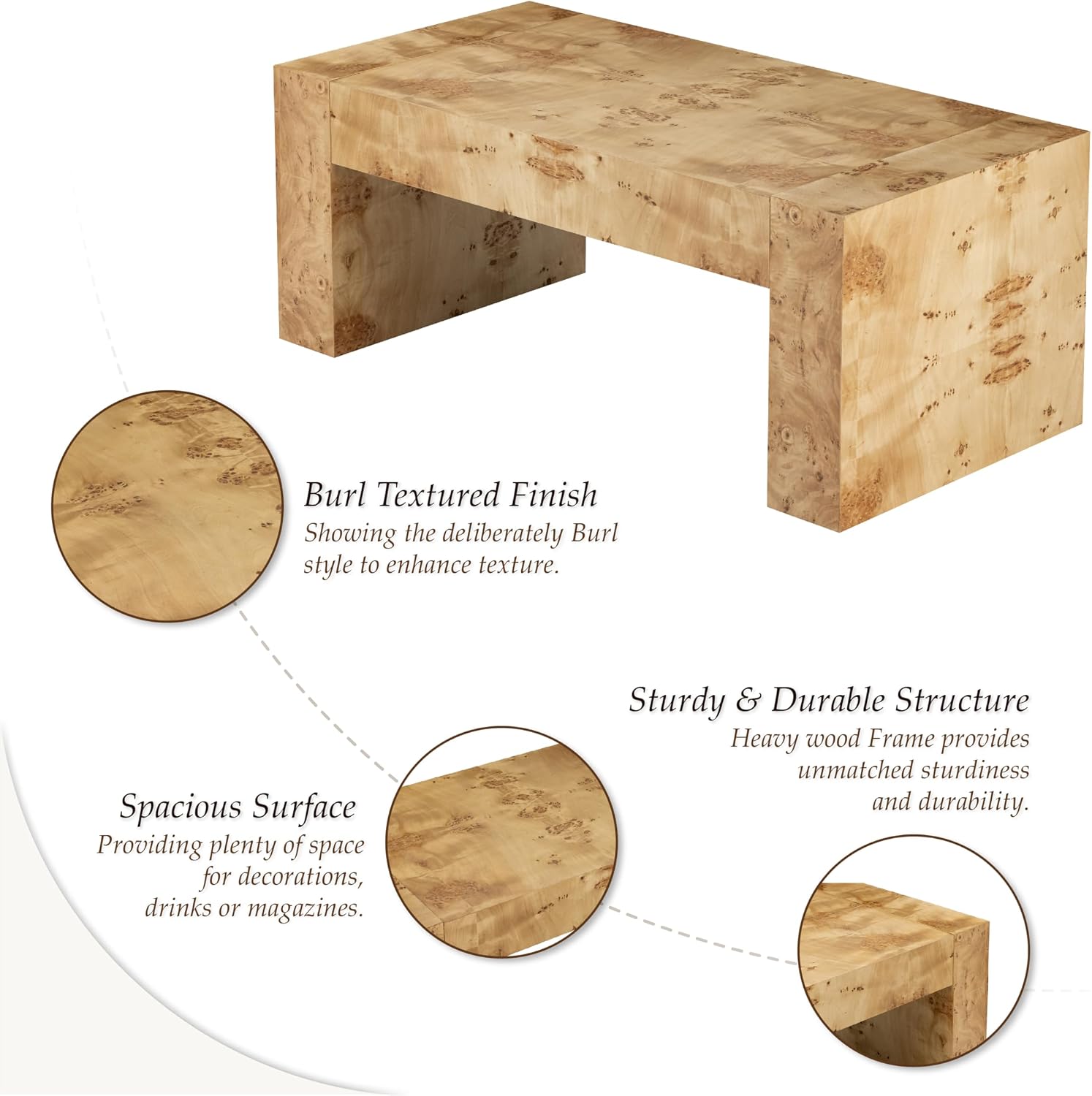COZAYH Burl Finish Modern Wood Coffee Table with Thick Legs, Rectangular Living Room Center Table, Elegant and Sturdy Design, Farmhouse Style for Home Decor, Office, Natural
