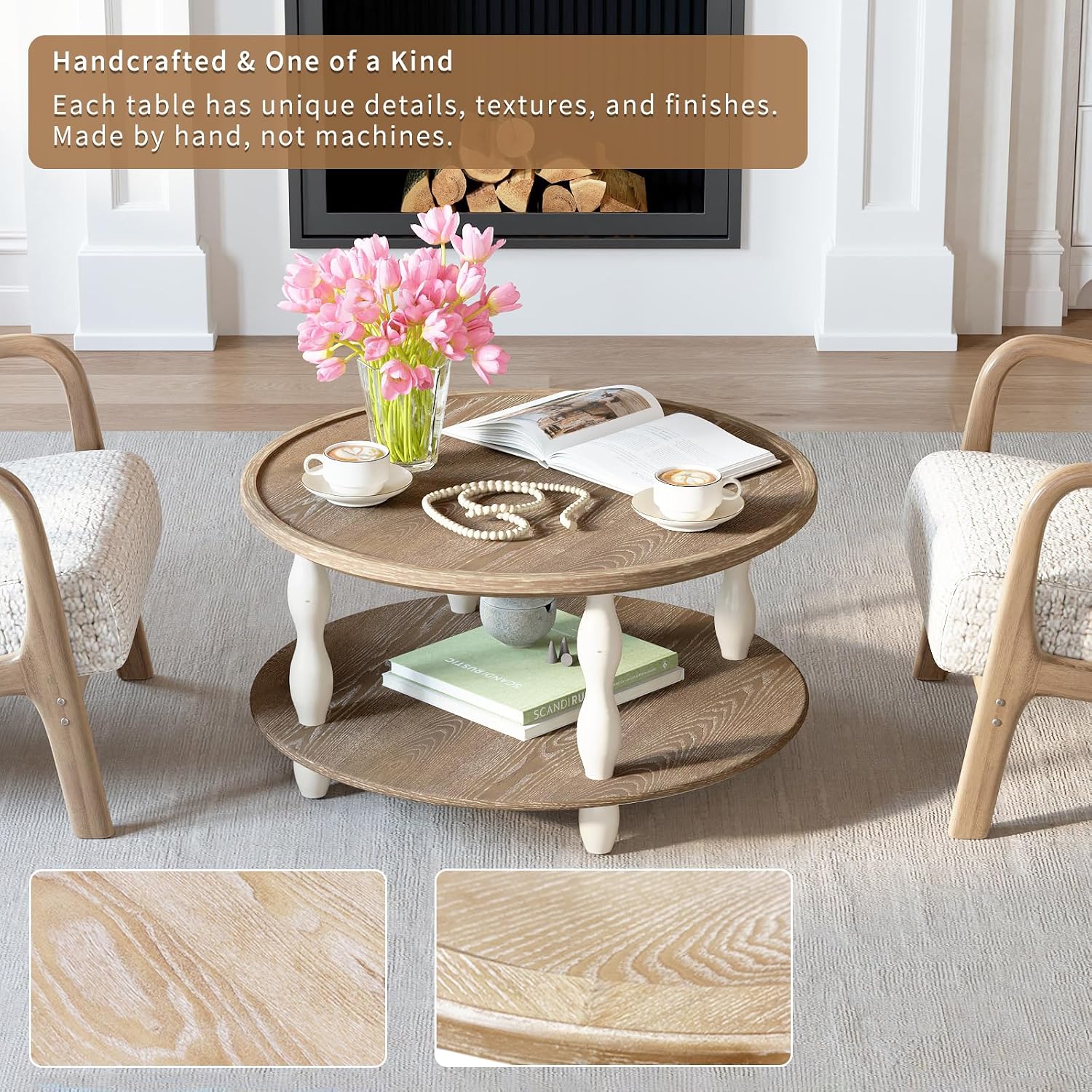 karlott Round Coffee Table, 30.3' Coffee Tables for Living Room, Solid Wood Veneer 2-Tier Center Table with Storage Shelf, Pine Leg, Boho Rustic Farmhouse for Living Room, Easy Assembly, Cream Beige