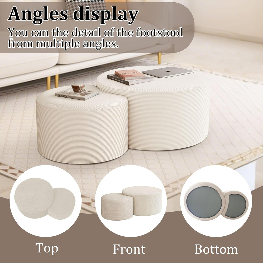BSHOMGI Round Coffee Table Set of 2, Movable Ottoman for Corduroy Cloud Sectional Couches Circle Foam Round Side Table for Living Room, Entryway Set, 32'+17' Footrest No Assembly (Beige, 32'+17')