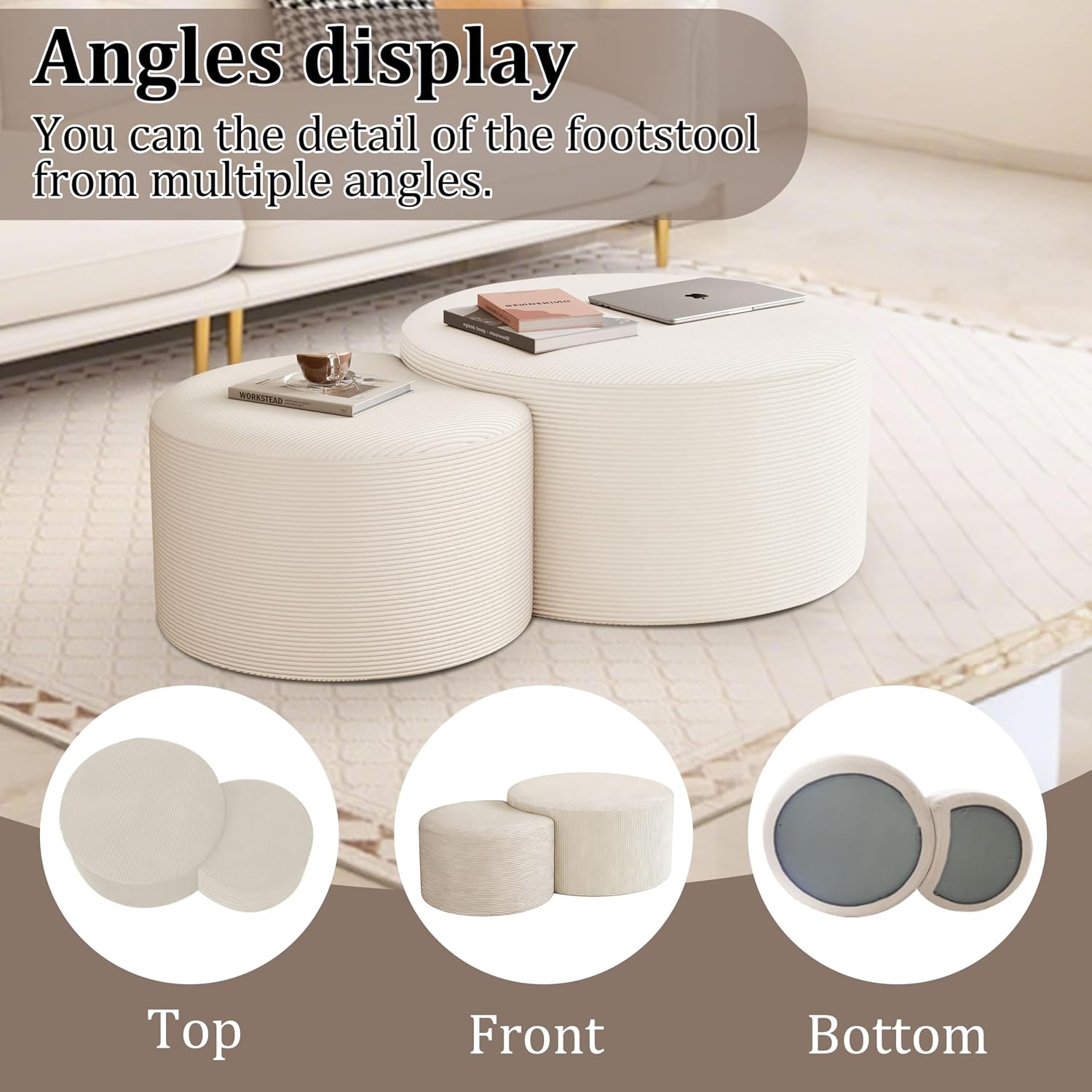 BSHOMGI Round Coffee Table Set of 2, Movable Ottoman for Corduroy Cloud Sectional Couches Circle Foam Round Side Table for Living Room, Entryway Set, 32'+17' Footrest No Assembly (Beige, 32'+17')