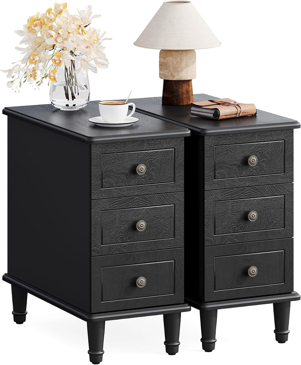 LITTLE TREE Fully Assembled End Table, Set of 2, Narrow Bedside Table with 3 Drawers, Vintage Nightstand for Small Spaces, Living Room, Bedroom, Black