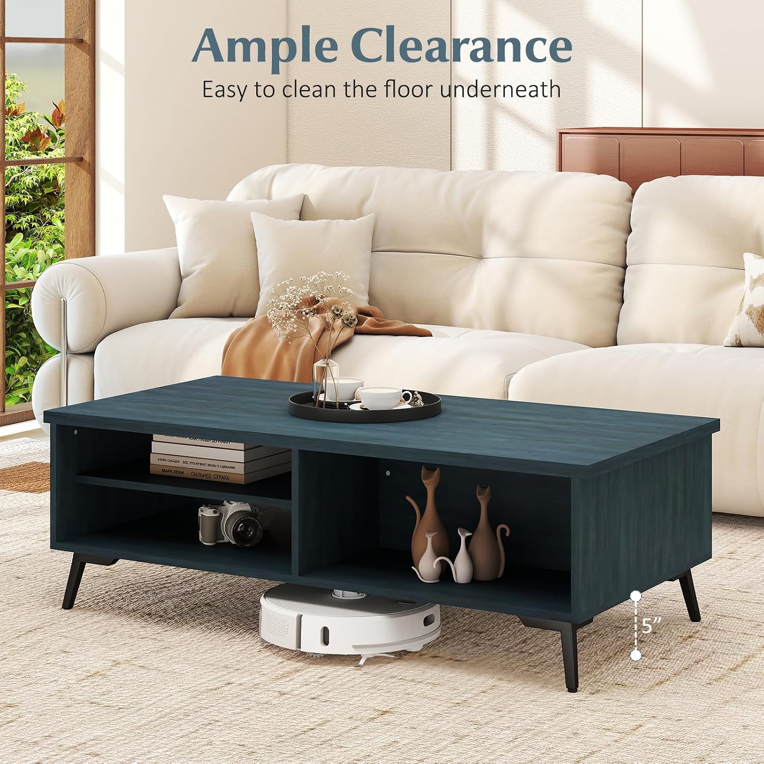 Giantex Mid Century Modern Coffee Table, 2-Tier Wood Rectangular Center Table with Open Storage Shelves, Compartments & Metal Legs, Vintage Living Room Tables for Reception (Charcoal Blue)