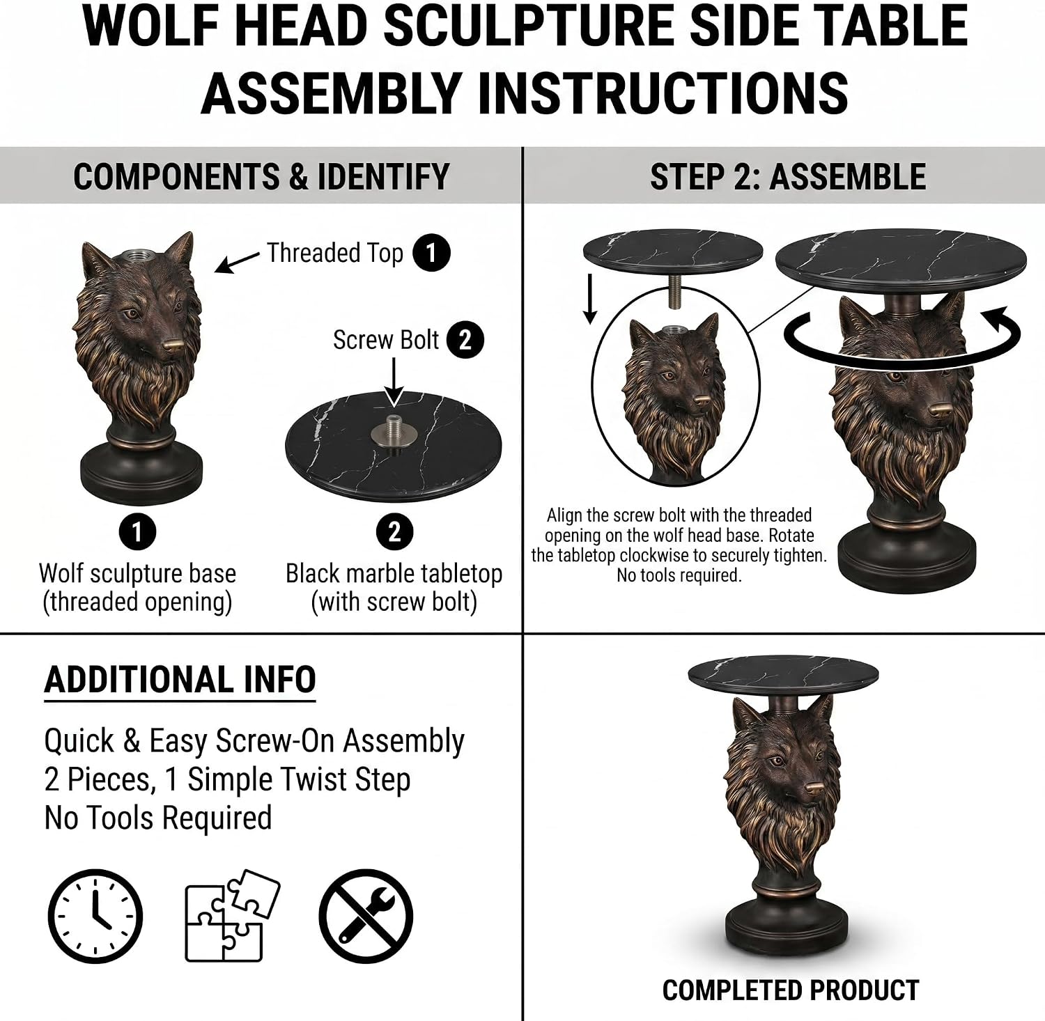 Wolf Head Sculptural Side Table with Faux Marble Top, 17.71' Round Resin Animal End Table, 25.2' H Unique Wolf Statue Decor for Living Room & Office, Gothic Housewarming Gift
