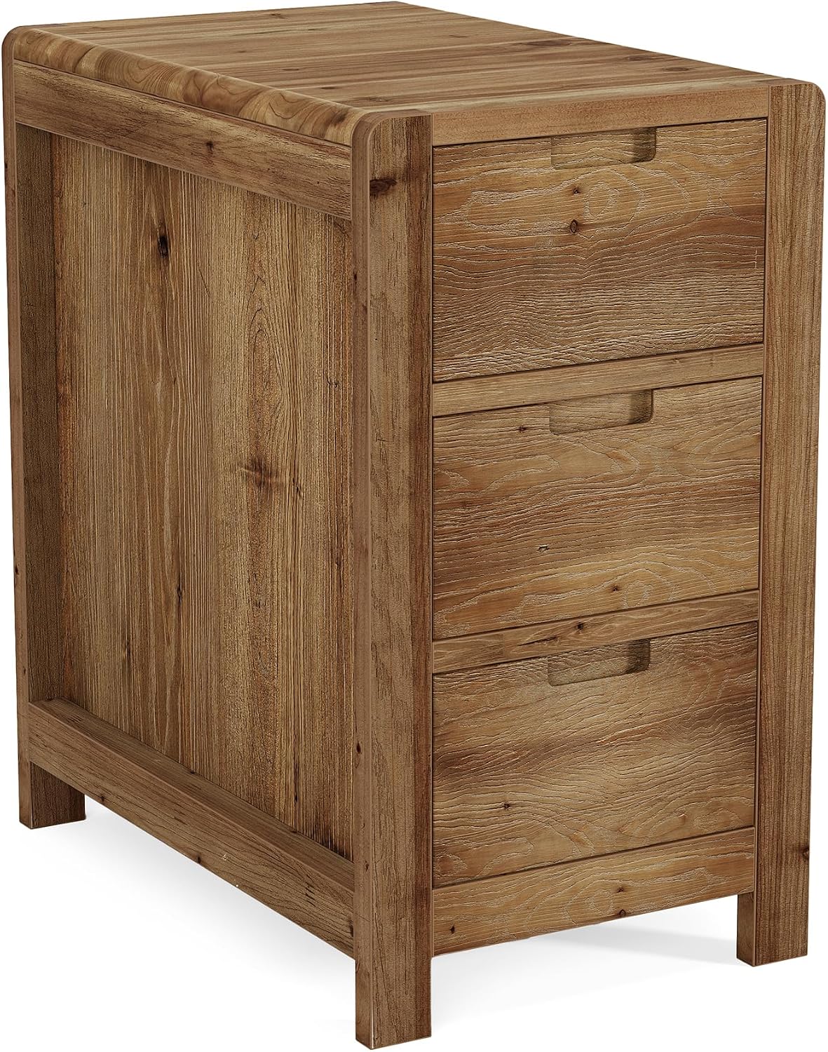 LITTLE TREE 3-Drawer Real Wood End Table, Narrow Side Table with Storage Drawers, Solid Wood Sofa Side Table for Living Room, Slim Nightstand Bedside Table for Bedroom, Natural Wood Color