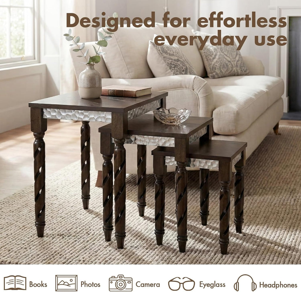 Hyfirm Nesting Tables Set of 3, Walnut Mid Century Modern Accent Tables with Spiral Rubber Wood Legs & Silver Honeycomb Apron, Retro Stackable Side Tables for Living Room, Bedroom & Small Apartments