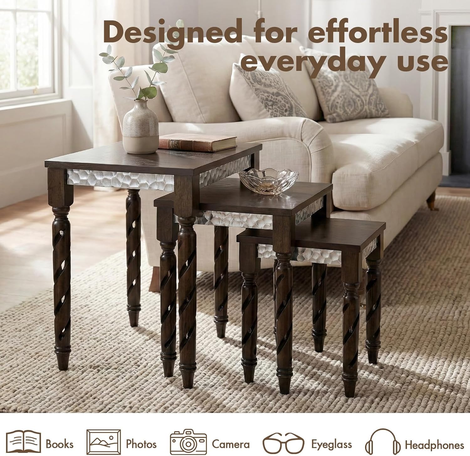 Hyfirm Nesting Tables Set of 3, Walnut Mid Century Modern Accent Tables with Spiral Rubber Wood Legs & Silver Honeycomb Apron, Retro Stackable Side Tables for Living Room, Bedroom & Small Apartments