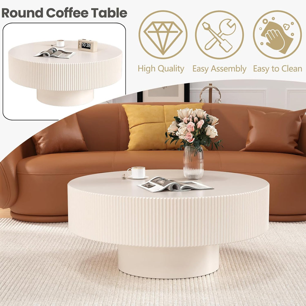 Modern Fluted Round Coffee Table - Handcraft Wooden Drum Coffee Tables with Sturdy Base, Circle Coffee Table Center Tea Table for Living Room Office Apartment Small Space, Easy Assembly(White 30.9')