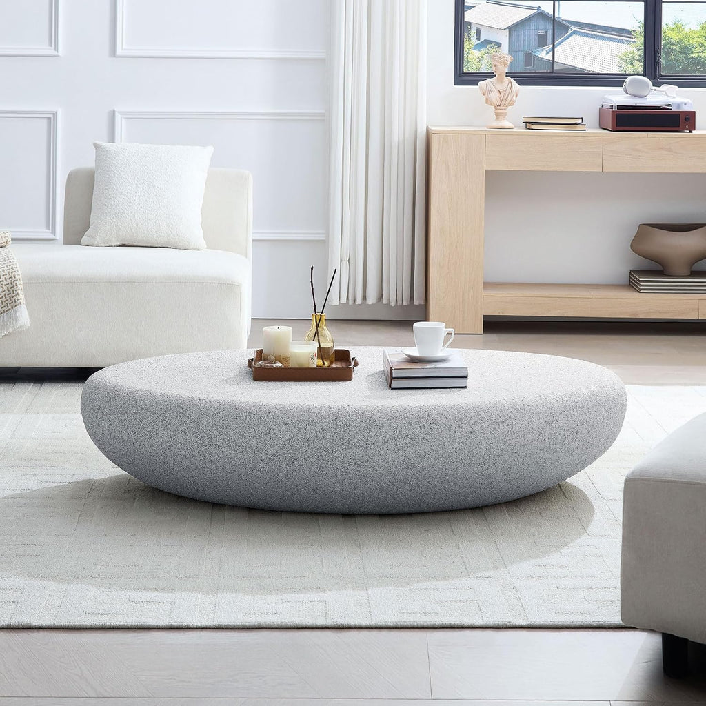 55.12' Modern Faux Stone Coffee Table for Living Room, Fiberglass Minimalist Accent Center Table, Oval Stone Tea Table for Office, Apartment, No Need Assembly, Rock Grey