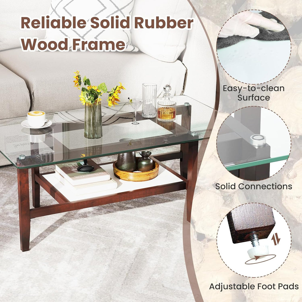 Giantex Glass Coffee Table, 42 Inch 2-Tier Rectangular Cocktail Table with Storage Shelf & Solid Rubber Wood Legs, Modern Center Table for Living Room, Home Office, Brown