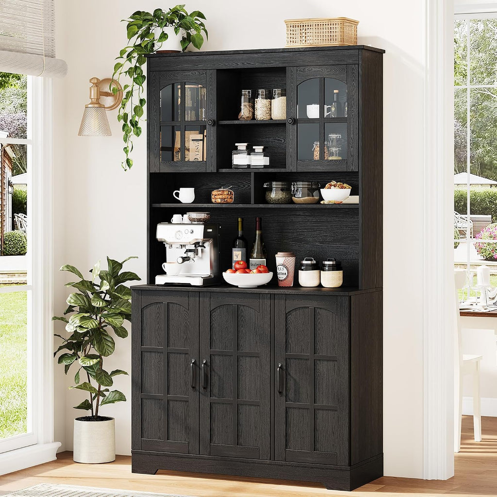 Garvee Pantry Cabinet with Charging Station, Tall Kitchen Pantry Storage Cabinet with Hutch,70.9 Inch Kitchen Cabinet with Glass Doors, for Dining Room