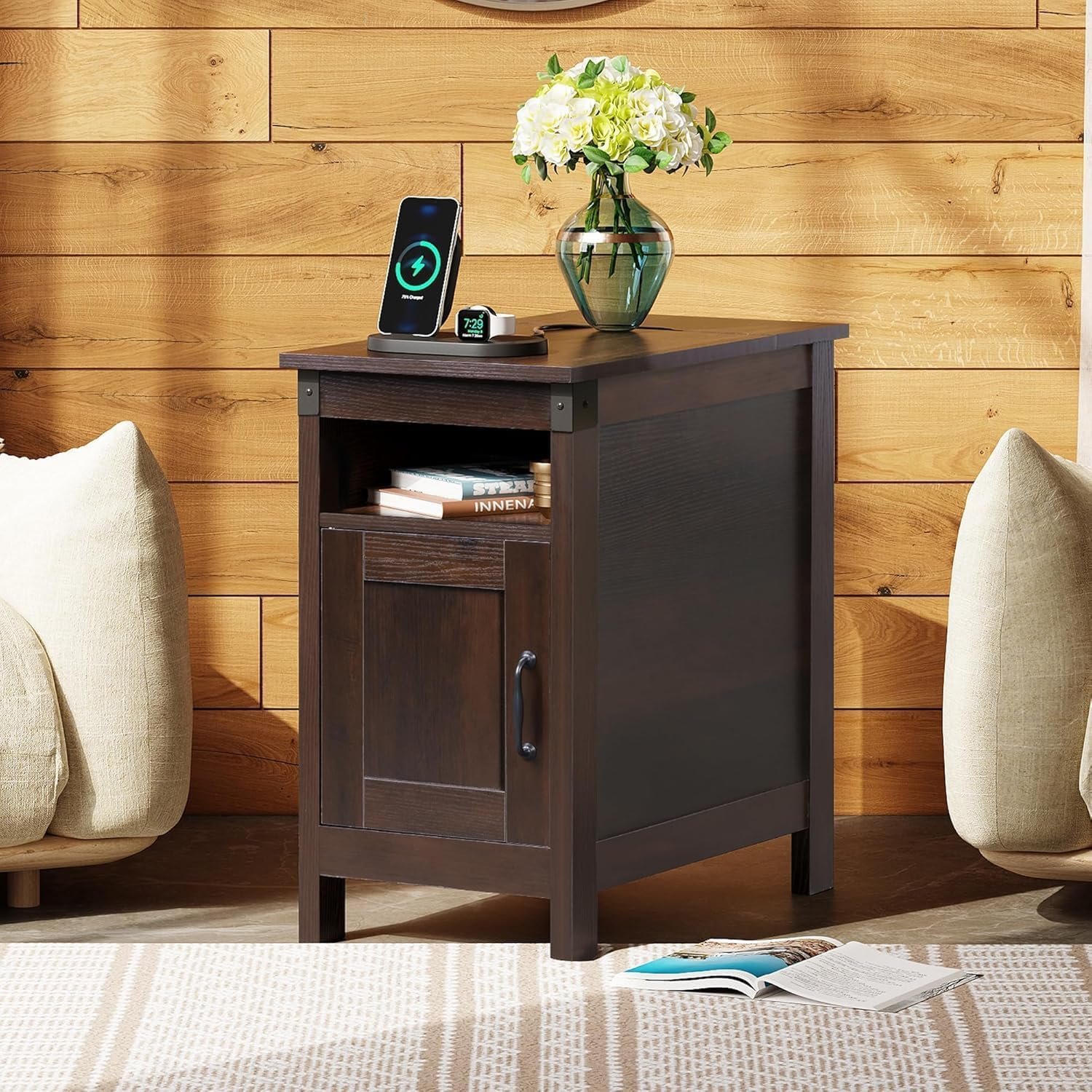 WLIVE Narrow End Table Set of 2 with Charging Station, Side Tables for Living Room, Small Spaces, Couch, Night Stand Set with Storage, USB Ports and Outlets,Brown