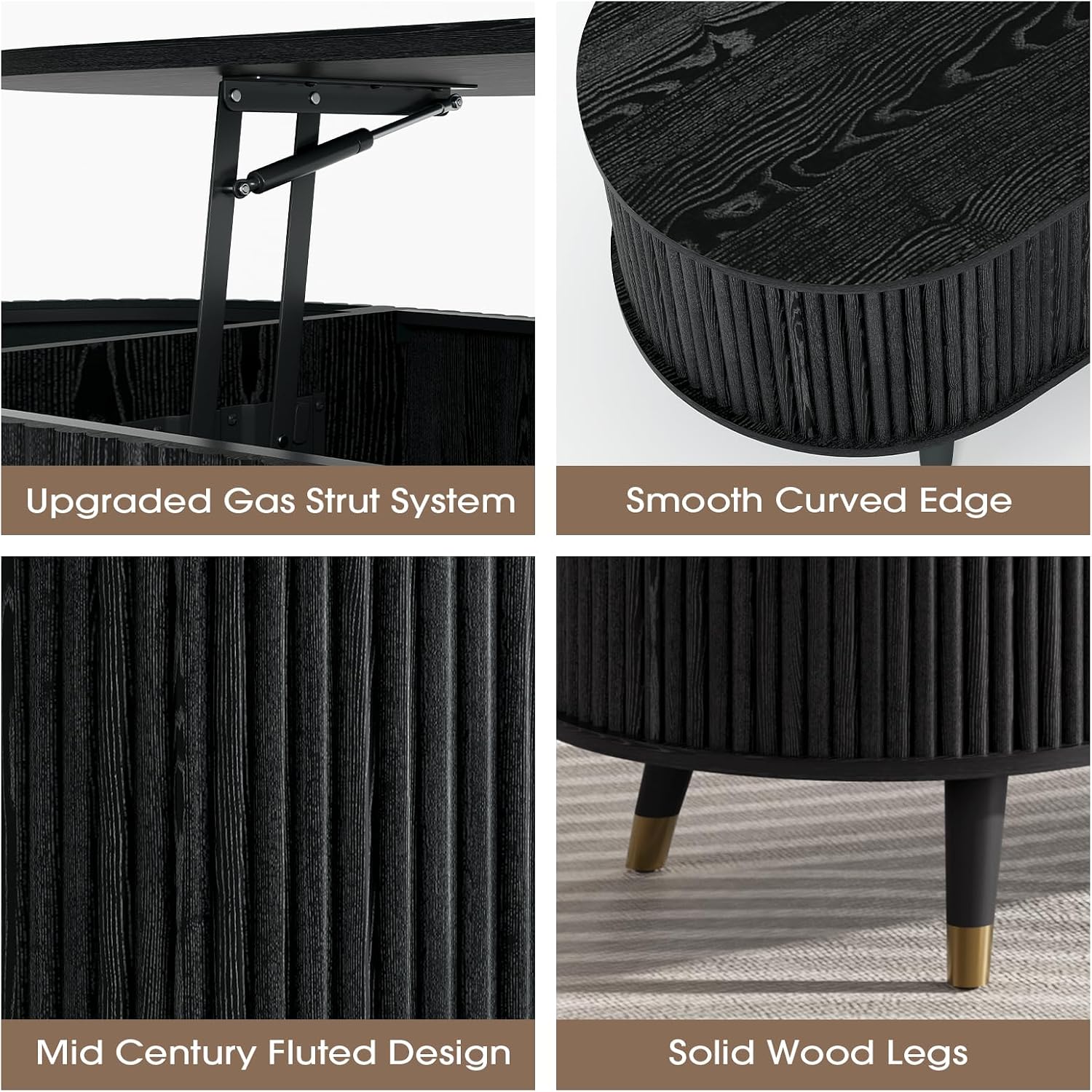 Oval Lift Top Coffee Table with Storage, 42.5' Fluted Coffee Table with Lifting Top & Solid Wood Legs, Mid Century Modern Center Table for Living Room, Home Office, Black