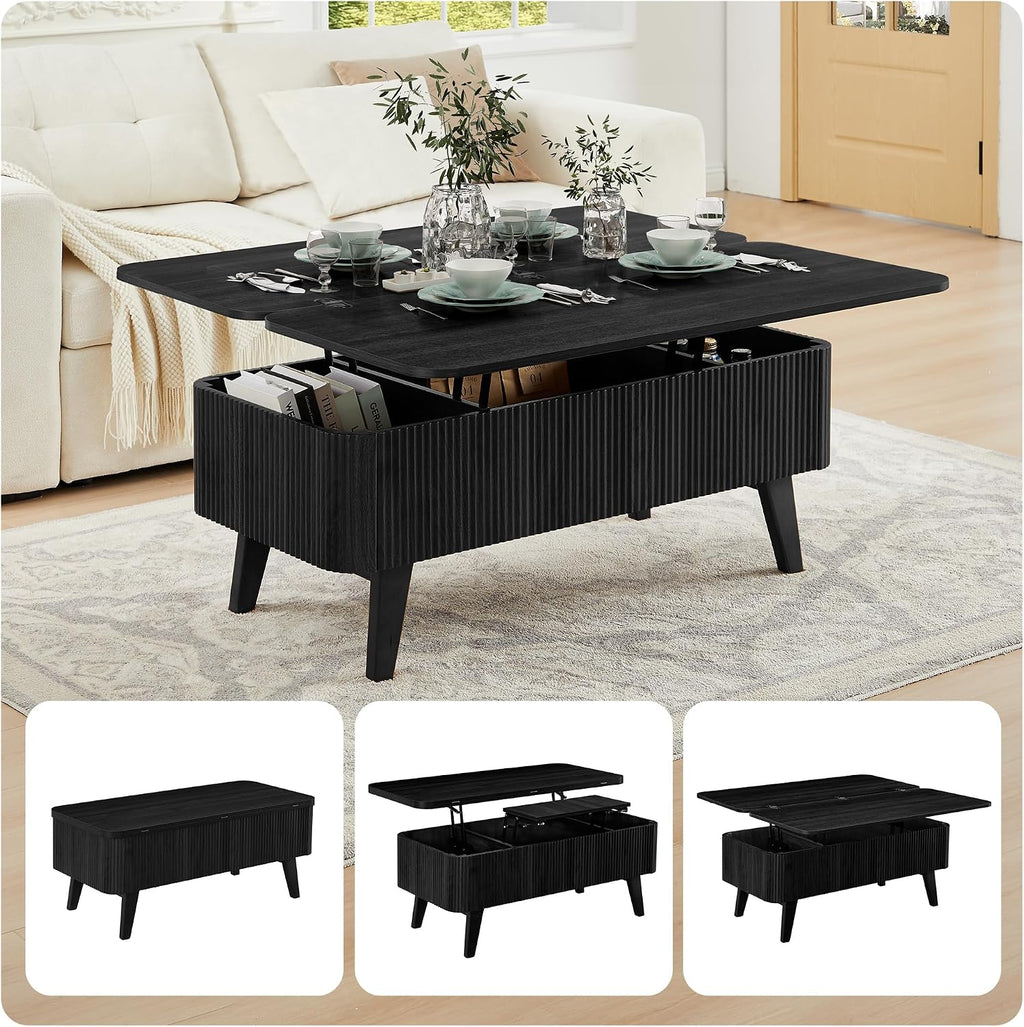 Fluted Lift Top Coffee Table, 3 in 1 Convertible Coffee Tables Converts to Dining Tables, Modern Oval Wooden Center Table with Storage for Living Room Office Small Space, Partial Assembly (Black)